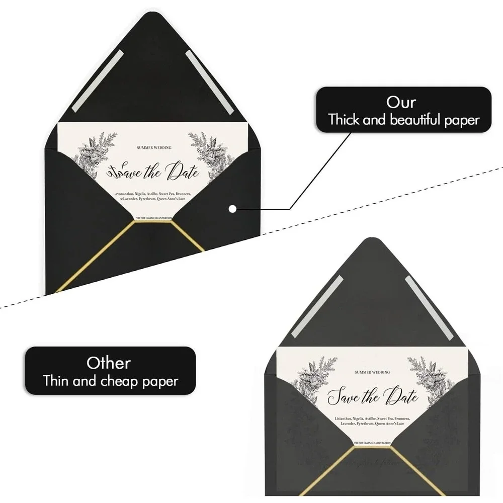 50 Pack A6 Black Invitation 4x6 Envelopes - Self Seal, V flap, 6.5 x 4.75 Black